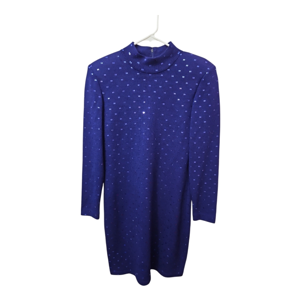 ST JOHN Evening Size 6 Blue Sequined Knee Length Mock Neck Luxury Dress